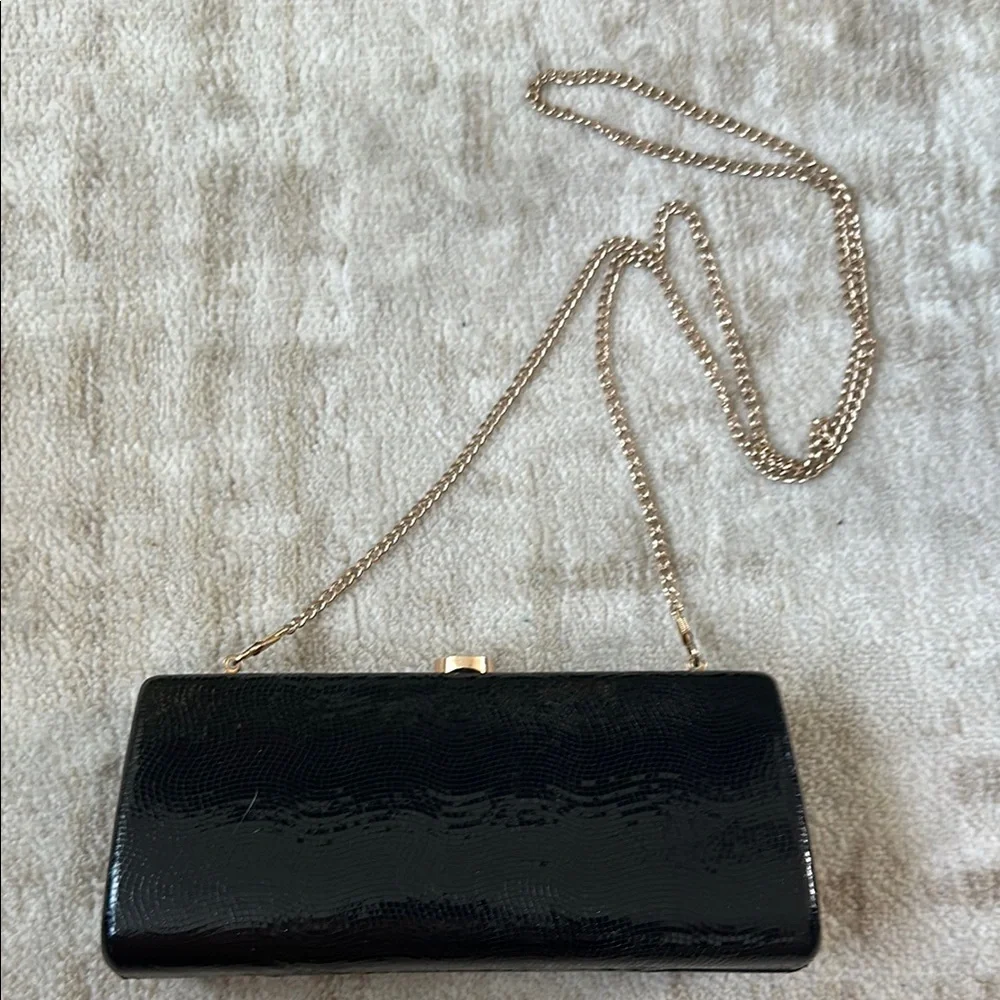 Elegant Black Patent Leather Shoulder Clutch with Gold Chain